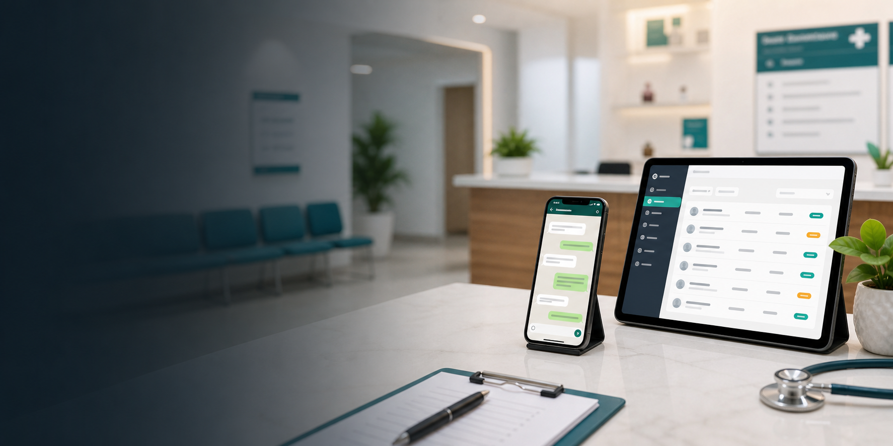 Clinic reception desk with WhatsApp appointment chat and doctor dashboard
